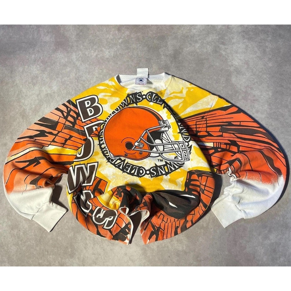 Vintage 90s Cleveland Browns NFL AOP Graphic Crewneck Sweater Grail